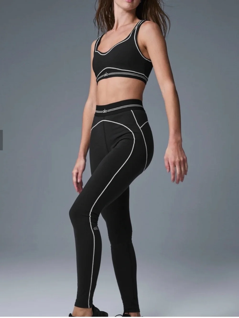 ALO Yoga Black Set with White Piping — Sports Bra & Leggings